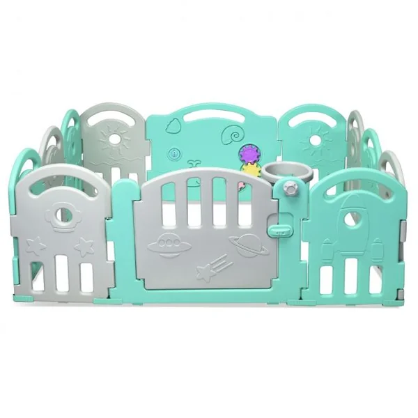 Parc Bébé Pliable 12 Panneaux avec Porte et Boîte à Musique Plateau Tournant pour Enfants de 6 à 36 Mois en HDPE Vert