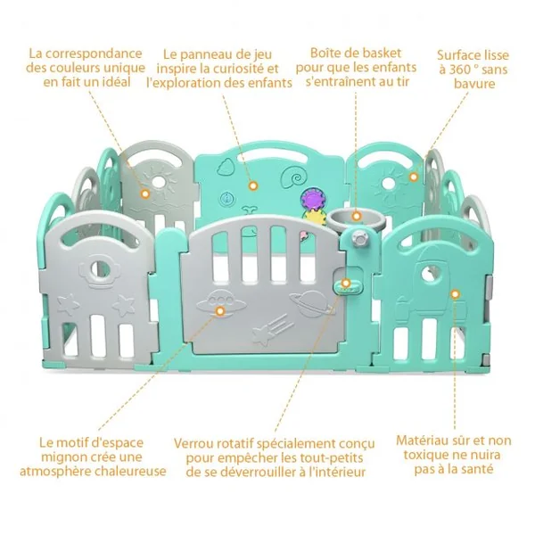 Parc Bébé Pliable 12 Panneaux avec Porte et Boîte à Musique Plateau Tournant pour Enfants de 6 à 36 Mois en HDPE Vert