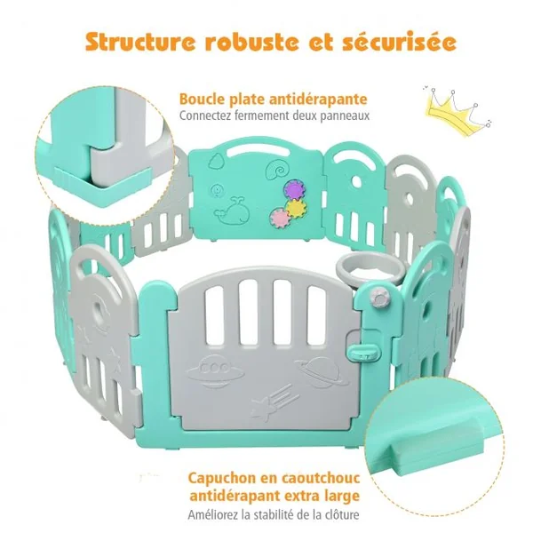 Parc Bébé Pliable 12 Panneaux avec Porte et Boîte à Musique Plateau Tournant pour Enfants de 6 à 36 Mois en HDPE Vert