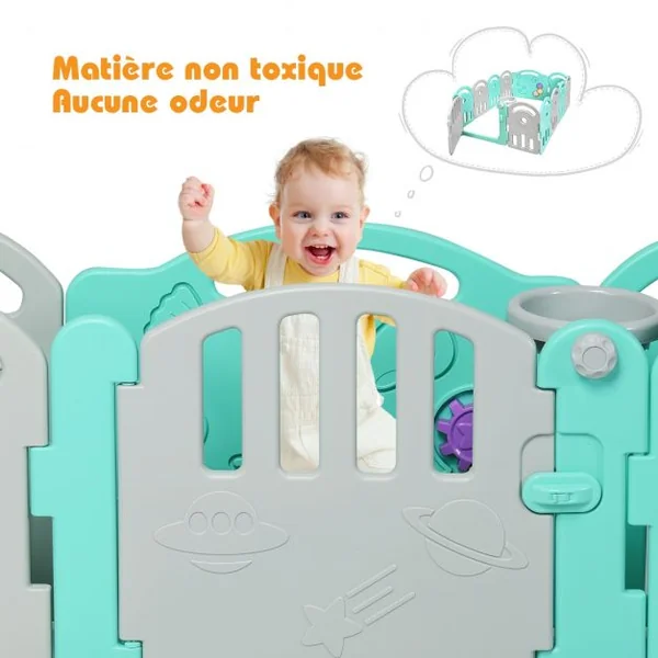 Parc Bébé Pliable 12 Panneaux avec Porte et Boîte à Musique Plateau Tournant pour Enfants de 6 à 36 Mois en HDPE Vert