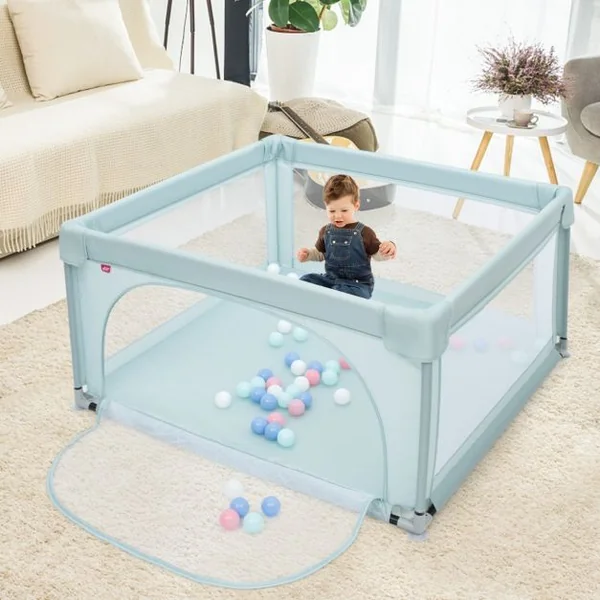 Parc Bébé Portable 120 x 120 x 68 CM avec 50 Boules Colorées Barrière de Sécurité de Enfants Pieds Antidérapantes 3 Ans + Bleu/Gris/Gris foncé/Multicoloré
