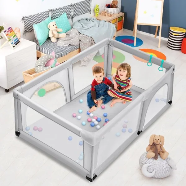Parc Bébé Portable 120 x 190 x 69 CM aevc 50 Boules Colorées Barrière de Sécurité de Enfants Pieds Antidérapantes 3 Ans + Coloré/Gris Foncé/Gris Clair/Bleu