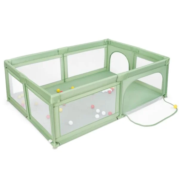 Parc Bébé à 3 Ans 205x147x68,5CM en PP Non-toxique 50 Balles Colorées 4 Ventouses en Caoutchouc Intérieur et Extérieur Gris/Vert/Gris Clair