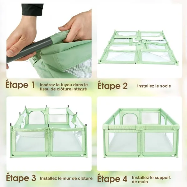 Parc Bébé à 3 Ans 205x147x68,5CM en PP Non-toxique 50 Balles Colorées 4 Ventouses en Caoutchouc Intérieur et Extérieur Gris/Vert/Gris Clair