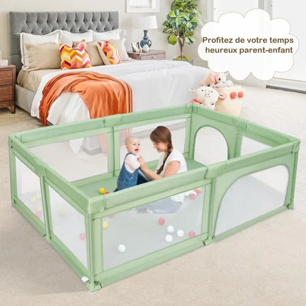 Parc Bébé à 3 Ans 205x147x68,5CM en PP Non-toxique 50 Balles Colorées 4 Ventouses en Caoutchouc Intérieur et Extérieur Gris/Vert/Gris Clair