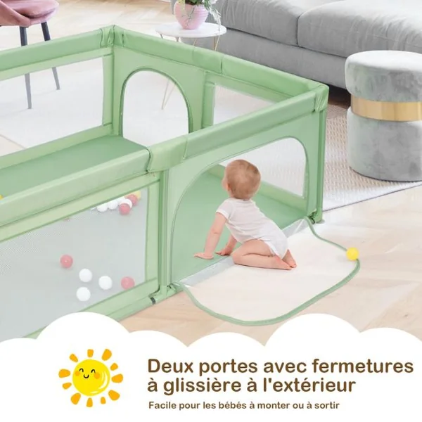 Parc Bébé à 3 Ans 205x147x68,5CM en PP Non-toxique 50 Balles Colorées 4 Ventouses en Caoutchouc Intérieur et Extérieur Gris/Vert/Gris Clair