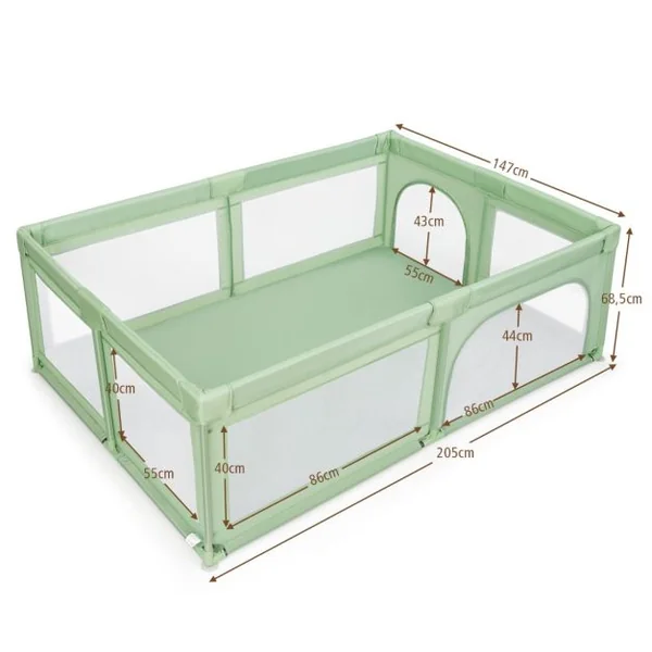 Parc Bébé à 3 Ans 205x147x68,5CM en PP Non-toxique 50 Balles Colorées 4 Ventouses en Caoutchouc Intérieur et Extérieur Gris/Vert/Gris Clair