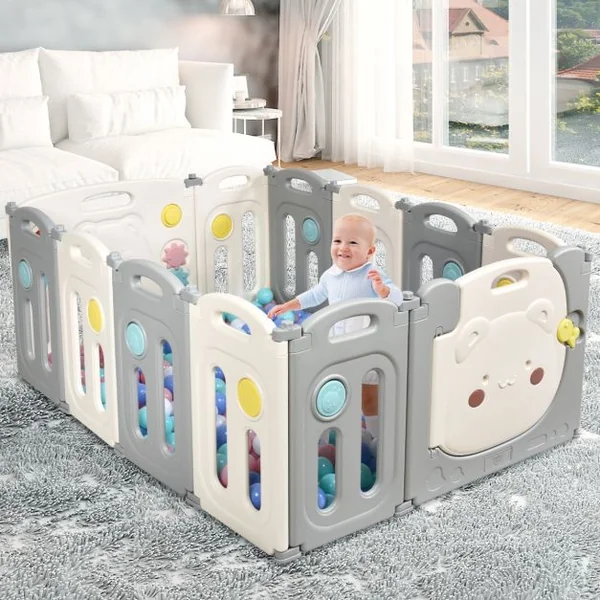 Parc d’Activités Pliable pour Bébé avec Barrière de Sécurité et Sac de Rangement en HDPE 118x160x64cm Blanc + Gris
