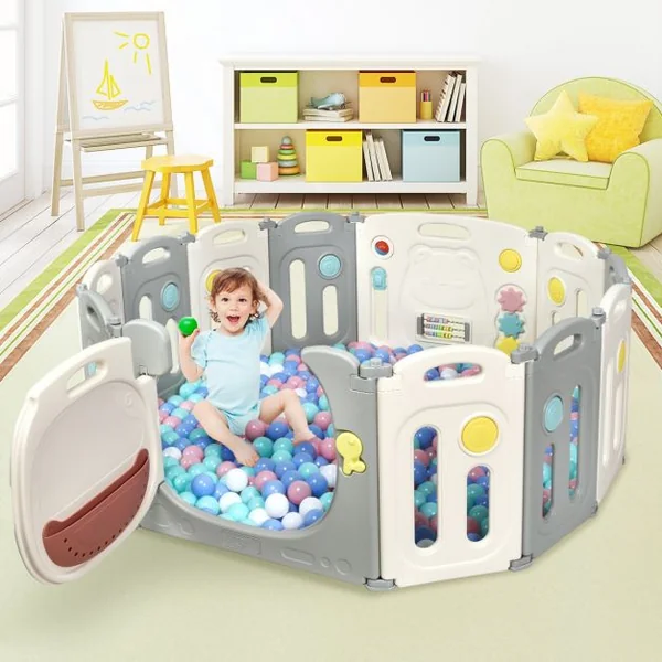 Parc d’Activités Pliable pour Bébé avec Barrière de Sécurité et Sac de Rangement en HDPE 118x160x64cm Blanc + Gris