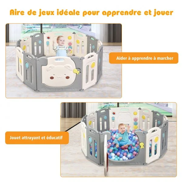 Parc d’Activités Pliable pour Bébé avec Barrière de Sécurité et Sac de Rangement en HDPE 118x160x64cm Blanc + Gris