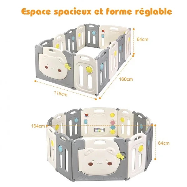 Parc d’Activités Pliable pour Bébé avec Barrière de Sécurité et Sac de Rangement en HDPE 118x160x64cm Blanc + Gris