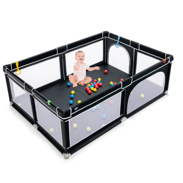 Parc de Jeu Bébé 206 x 147,5 x 68,5 cm avec 4 Poignées 50 Balles pour Piscine, Porte de Sécurité Ventouses Antidérapantes Noir