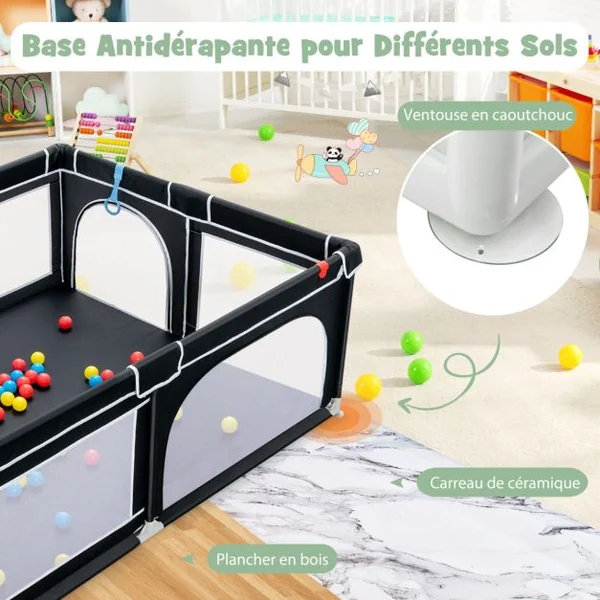 Parc de Jeu Bébé 206 x 147,5 x 68,5 cm avec 4 Poignées 50 Balles pour Piscine, Porte de Sécurité Ventouses Antidérapantes Noir