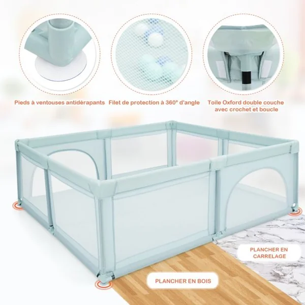 Parc de Jeu pour Bébé Géant avec 50 x balles Porte à Zip Pieds avec Ventouses 206 x 185,5 x 68 CM Gris/Bleu/Gris Foncé