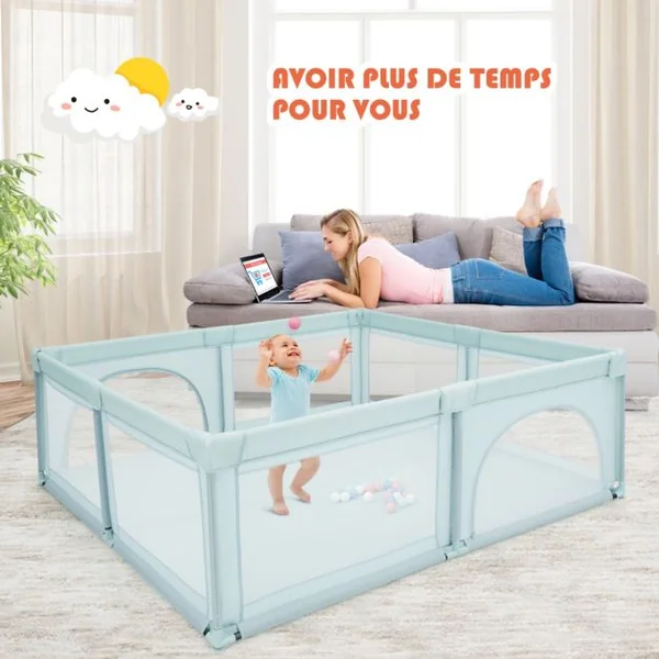 Parc de Jeu pour Bébé Géant avec 50 x balles Porte à Zip Pieds avec Ventouses 206 x 185,5 x 68 CM Gris/Bleu/Gris Foncé