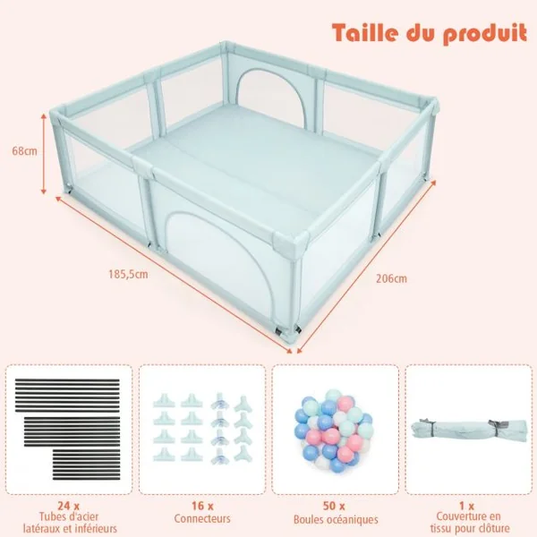 Parc de Jeu pour Bébé Géant avec 50 x balles Porte à Zip Pieds avec Ventouses 206 x 185,5 x 68 CM Gris/Bleu/Gris Foncé