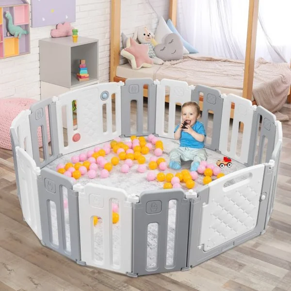 Parc de Sécurité pour Bébé 14 + 2 Panneaux avec Barrière de Sécurité Parc de Jeux pour l'intérieur et l'extérieur Beige + Gris
