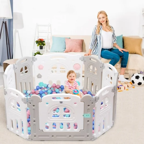 Parc Pliable Bébé de 3 Mois à 6 Ans 8 Éléments Tableau D'activités Siège Porte D’entrée Accessoires en PP Gris + Blanc