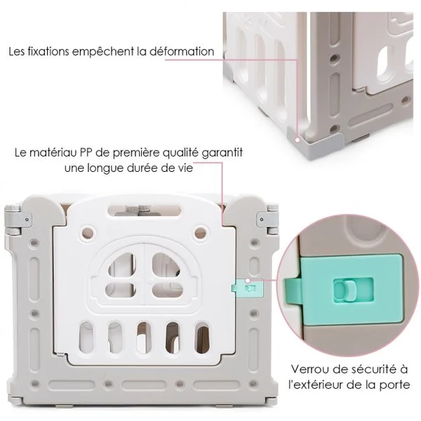 Parc Pliable Bébé de 3 Mois à 6 Ans 8 Éléments Tableau D'activités Siège Porte D’entrée Accessoires en PP Gris + Blanc