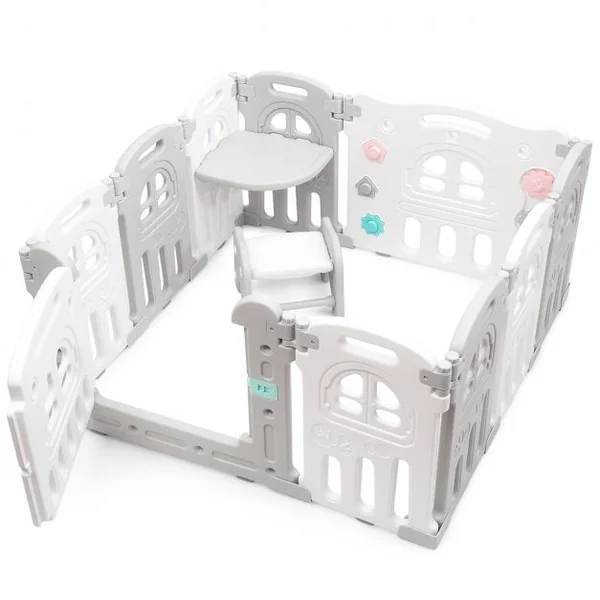 Parc Pliable Bébé de 3 Mois à 6 Ans 8 Éléments Tableau D'activités Siège Porte D’entrée Accessoires en PP Gris + Blanc