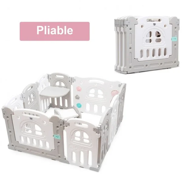 Parc Pliable Bébé de 3 Mois à 6 Ans 8 Éléments Tableau D'activités Siège Porte D’entrée Accessoires en PP Gris + Blanc