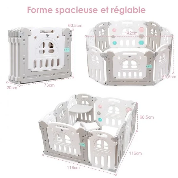 Parc Pliable Bébé de 3 Mois à 6 Ans 8 Éléments Tableau D'activités Siège Porte D’entrée Accessoires en PP Gris + Blanc