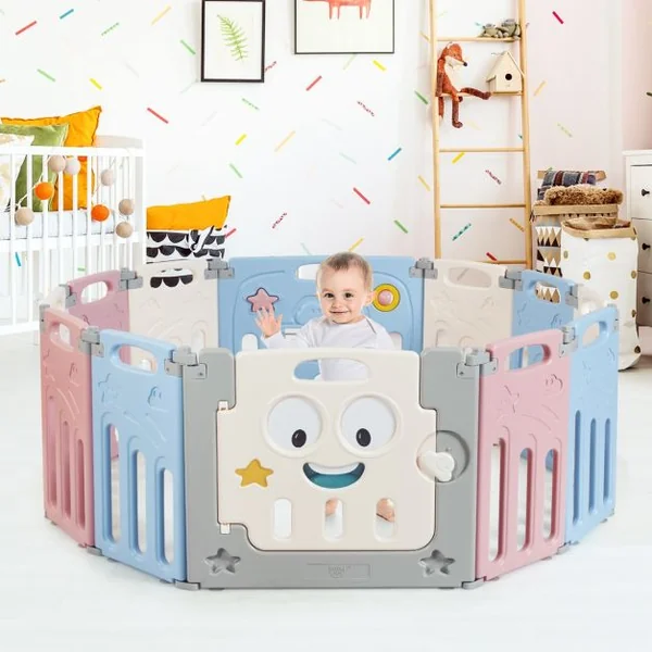 Parc Pliable pour Bébé de 3 Mois à 6 Ans Barrière Sécurité avec 11 Panneaux et 1 Porte en Hdpe Sans Bpa 117x150x64cm