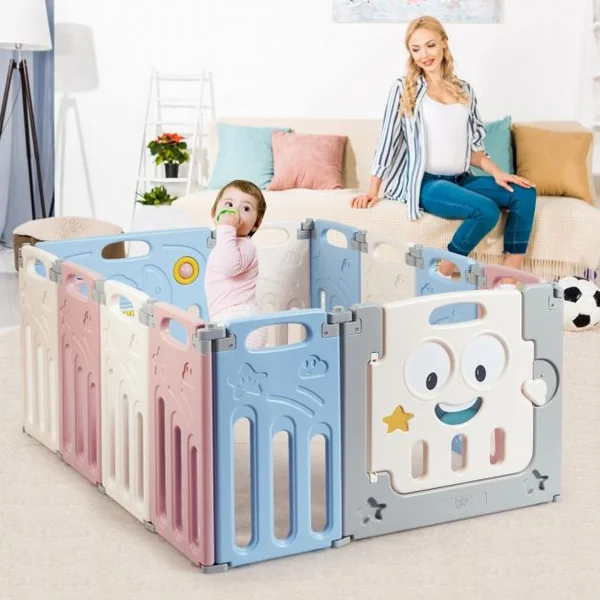 Parc Pliable pour Bébé de 3 Mois à 6 Ans Barrière Sécurité avec 11 Panneaux et 1 Porte en Hdpe Sans Bpa 117x150x64cm