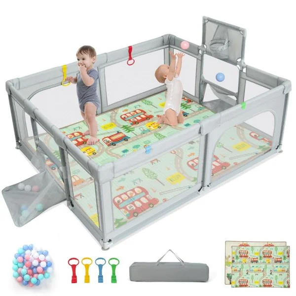 Parc pour Bébé avec Tapis Centre d'Activités Intérieure Extérieure avec Panier de Basket Filets de Football Anneaux de Traction Sac de Transport Gris Clair