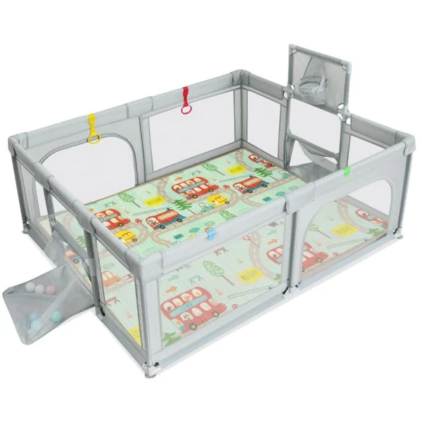 Parc pour Bébé avec Tapis Centre d'Activités Intérieure Extérieure avec Panier de Basket Filets de Football Anneaux de Traction Sac de Transport Gris Clair