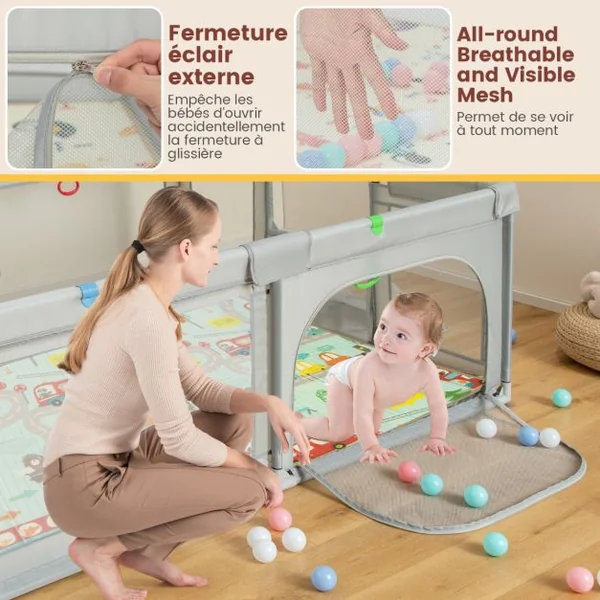Parc pour Bébé avec Tapis Centre d'Activités Intérieure Extérieure avec Panier de Basket Filets de Football Anneaux de Traction Sac de Transport Gris Clair