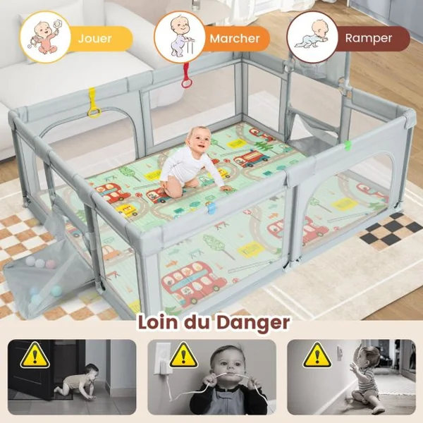 Parc pour Bébé avec Tapis Centre d'Activités Intérieure Extérieure avec Panier de Basket Filets de Football Anneaux de Traction Sac de Transport Gris Clair