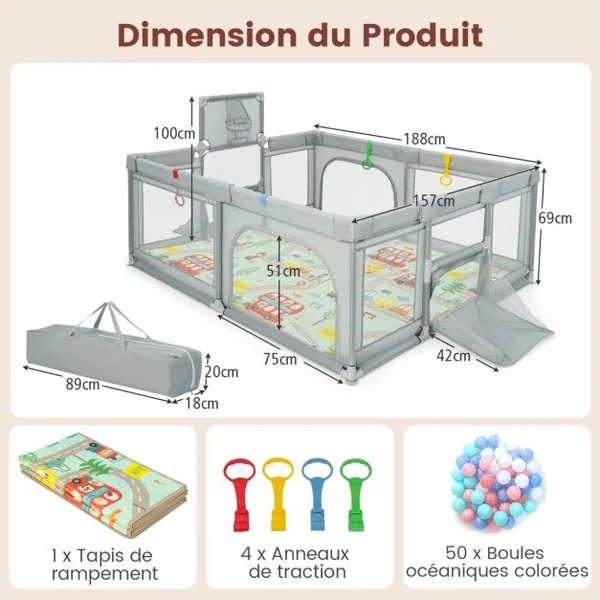 Parc pour Bébé avec Tapis Centre d'Activités Intérieure Extérieure avec Panier de Basket Filets de Football Anneaux de Traction Sac de Transport Gris Clair