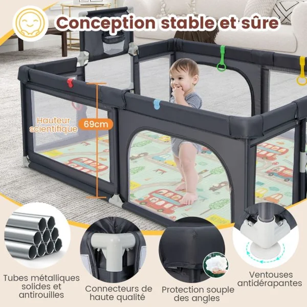 Parc pour Bébé avec Tapis Centre d'Activités Intérieure Extérieure avec Panier de Basket Filets de Football Anneaux de Traction Sac de Transport Gris Foncé