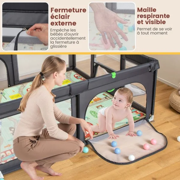 Parc pour Bébé avec Tapis Centre d'Activités Intérieure Extérieure avec Panier de Basket Filets de Football Anneaux de Traction Sac de Transport Gris Foncé