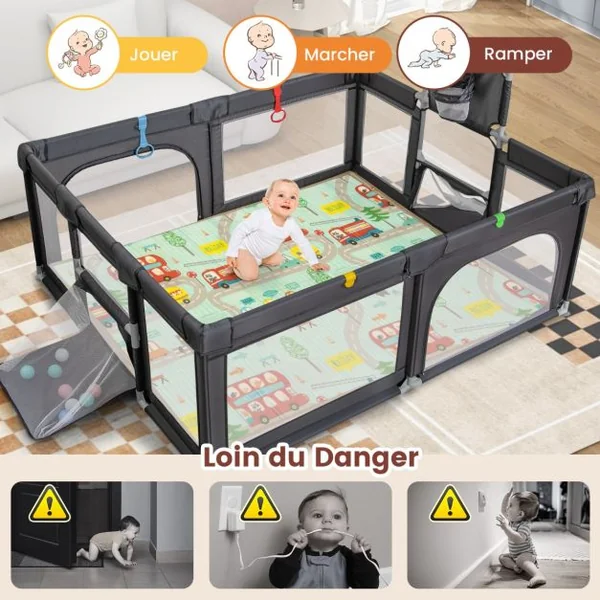 Parc pour Bébé avec Tapis Centre d'Activités Intérieure Extérieure avec Panier de Basket Filets de Football Anneaux de Traction Sac de Transport Gris Foncé