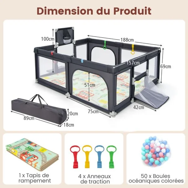 Parc pour Bébé avec Tapis Centre d'Activités Intérieure Extérieure avec Panier de Basket Filets de Football Anneaux de Traction Sac de Transport Gris Foncé