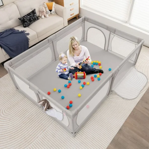 Parc pour Bébé Clôture pour Tout-petits avec Tapis Maille Respirante Sac de Rangement Ventouses Porte à Fermeture éclair 50 Balles 206×147×68,5cm Gris