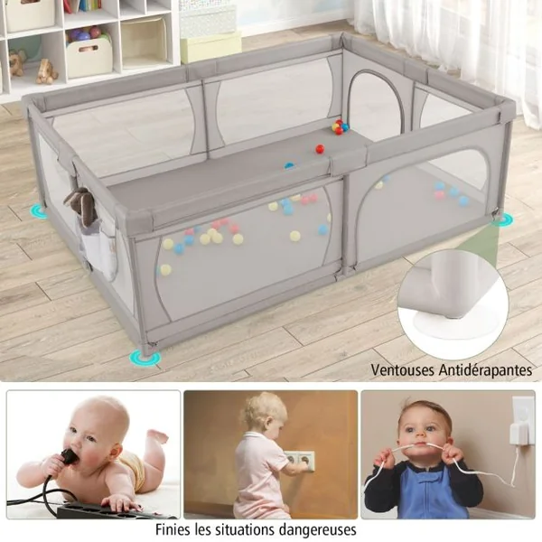 Parc pour Bébé Clôture pour Tout-petits avec Tapis Maille Respirante Sac de Rangement Ventouses Porte à Fermeture éclair 50 Balles 206×147×68,5cm Gris