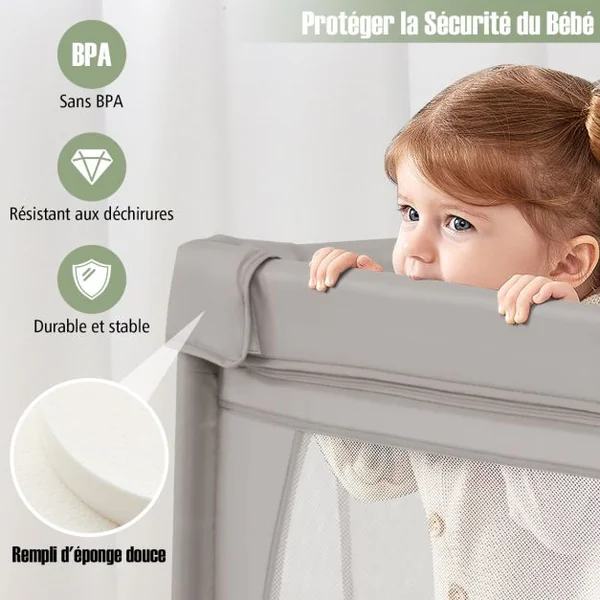 Parc pour Bébé Clôture pour Tout-petits avec Tapis Maille Respirante Sac de Rangement Ventouses Porte à Fermeture éclair 50 Balles 206×147×68,5cm Gris