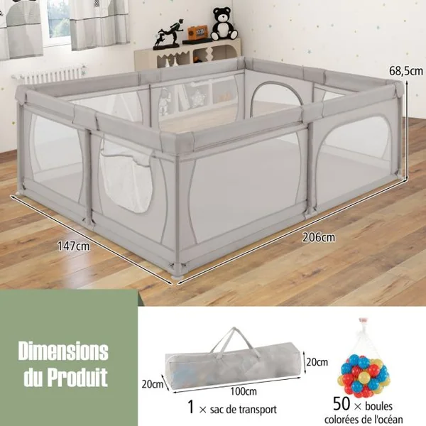 Parc pour Bébé Clôture pour Tout-petits avec Tapis Maille Respirante Sac de Rangement Ventouses Porte à Fermeture éclair 50 Balles 206×147×68,5cm Gris