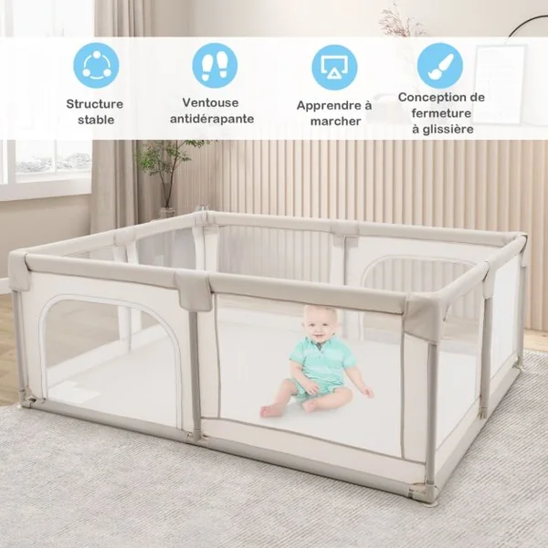 Parc pour Bébé XL 190 x 150 x 70 cm Centre d'Activité pour Enfants avec Base Antidérapante porte Parc Fermeture à Glissière Intérieur et Extérieur Beige