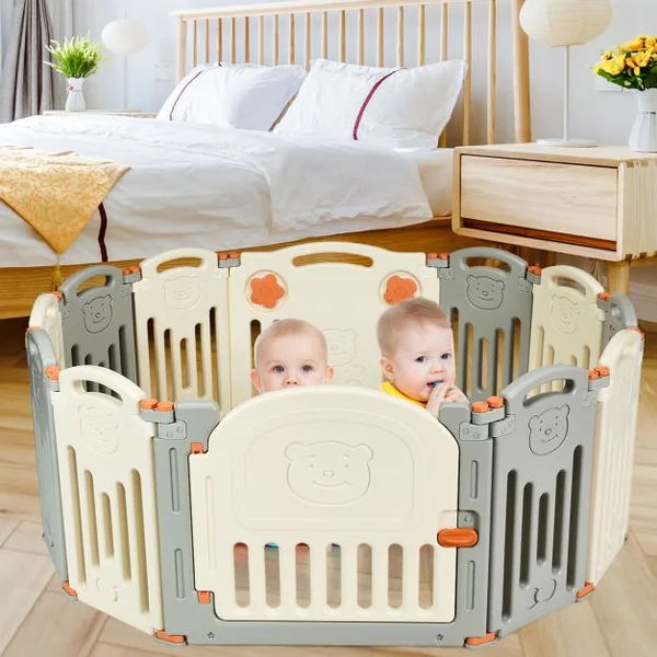 Parc Vébé 12 Panneaux avec Grande Porte Barrière pour Enfants de 3 Mois à 6 Ans en HDPE, 33x58x3,5cm, Blanc Gris