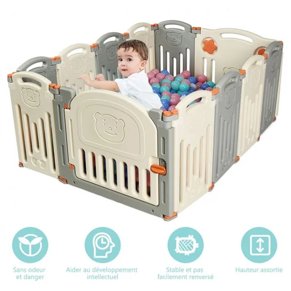 Parc Vébé 12 Panneaux avec Grande Porte Barrière pour Enfants de 3 Mois à 6 Ans en HDPE, 33x58x3,5cm, Blanc Gris