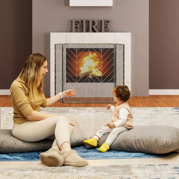 Pare-feu Pliable 133 x 78 CM (L x H) pour Cheminée / Poêle - 3 Volets Grille de Protection Enfant et Animaux Bronze