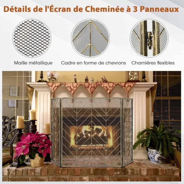 Pare-feu Pliable 133 x 78 CM (L x H) pour Cheminée / Poêle - 3 Volets Grille de Protection Enfant et Animaux Bronze