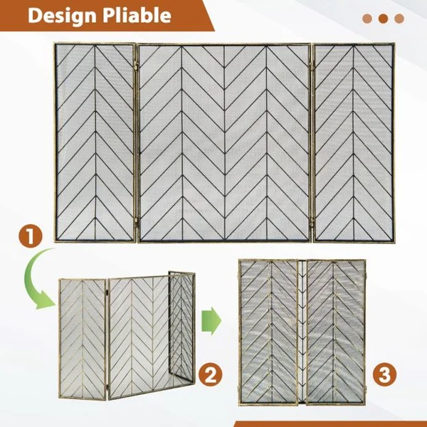 Pare-feu Pliable 133 x 78 CM (L x H) pour Cheminée / Poêle - 3 Volets Grille de Protection Enfant et Animaux Bronze