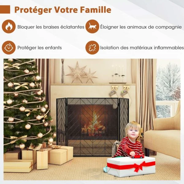 Pare-feu Pliable 133 x 78 CM (L x H) pour Cheminée / Poêle - 3 Volets Grille de Protection Enfant et Animaux Noir