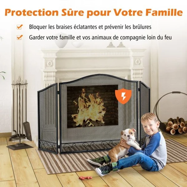 Pare-feu Pliable 93 x 59 CM (L x H) pour Cheminée - Poêle - 3 Volets en Fer forgé Grille de Protection Enfant et Animaux Noir