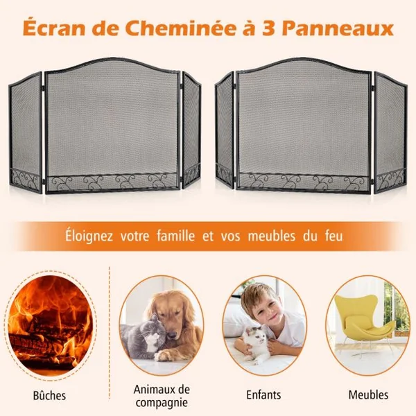 Pare-feu Pliable 93 x 59 CM (L x H) pour Cheminée - Poêle - 3 Volets en Fer forgé Grille de Protection Enfant et Animaux Noir